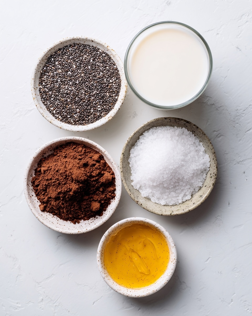 Five small white bowls and a glass are placed on a white marbled surface in an overhead view. The first bowl on the left holds small black and white chia seeds with a speckled texture, the bowl next to it has fine dark brown cocoa powder with a powdery texture, the bowl below contains coarse white salt crystals, and the last bowl at the bottom right holds a golden honey-like liquid with a smooth surface. A clear glass filled with white milk is at the top right. All bowls and the glass are evenly spaced. Photo taken with an iphone --ar 4:5 --v 7