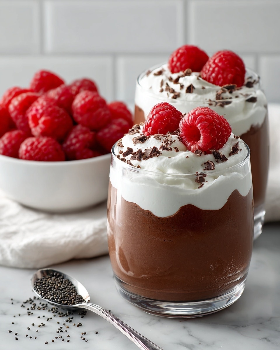 Two clear glasses hold two layers each: the bottom layer is a smooth dark chocolate mousse, and the top layer is white whipped cream with small dark chocolate shavings sprinkled on it. Each glass is topped with two bright red raspberries. Behind the glasses is a white bowl filled with more fresh red raspberries. All items are set on a white marbled surface with a soft white tiled wall in the background. A metal spoon with black seeds inside it lies in front. Photo taken with an iphone --ar 4:5 --v 7