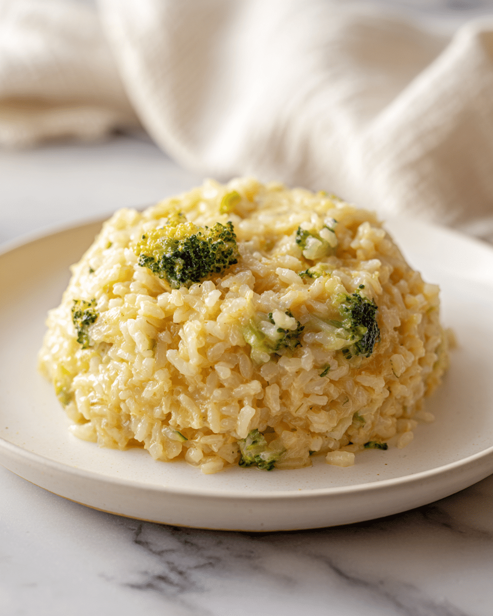 A white round plate holds a serving of a creamy casserole made of mixed layers including soft white rice, small green broccoli pieces, and melted light orange cheese all blended together in a moist texture. Behind the plate, there is a rectangular white baking dish filled with the same casserole showing a thick golden-brown top layer with small broccoli bits visible. The scene is set on a white marbled surface with a soft white cloth casually placed between the plate and the baking dish. photo taken with an iphone --ar 4:5 --v 7