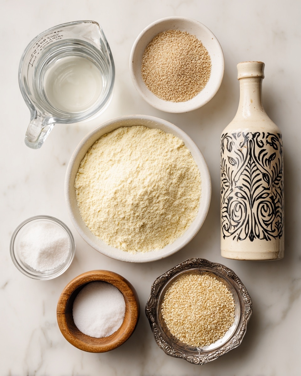 A top-down view of seven different containers holding baking ingredients, arranged on a white marbled surface. In the center is a large white plate filled with pale yellow Double Milled Durum Wheat Semolina powder. Above it to the right sits a small white bowl filled with light brown active dry yeast granules. To the far right is a cream-colored bottle with a black decorative pattern labeled olive oil. On the far left, a clear glass measuring jug holds water. Below the jug is a round wooden container filled with white salt, partially open. Next to the olive oil is a small clear glass bowl holding white sugar. Finally, at the bottom right, an ornate silver bowl contains light tan sesame seeds. The items are evenly spaced and neatly arranged. Photo taken with an iphone --ar 4:5 --v 7