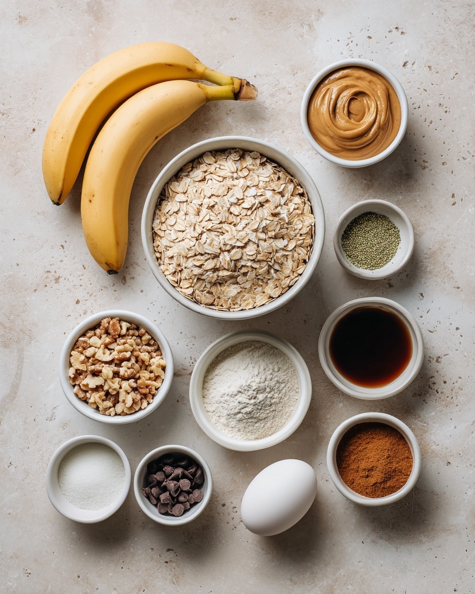 The image shows ingredients arranged neatly on a white marbled surface. Two yellow bananas lie on the left side. In the center is a white bowl filled with light brown rolled oats. Surrounding it are smaller white bowls: one with light brown smooth peanut butter, another with green hemp seeds, one with white flour, two with dark brown liquid like vanilla or syrup, and one with a mix of chopped nuts and chocolate chips. A single white egg is placed near the bottom right. Below the oats, there's a small bowl with a pile of brown spice, likely cinnamon. All ingredients have clear textures and colors, and the lighting is soft and natural. Photo taken with an iphone --ar 4:5 --v 7