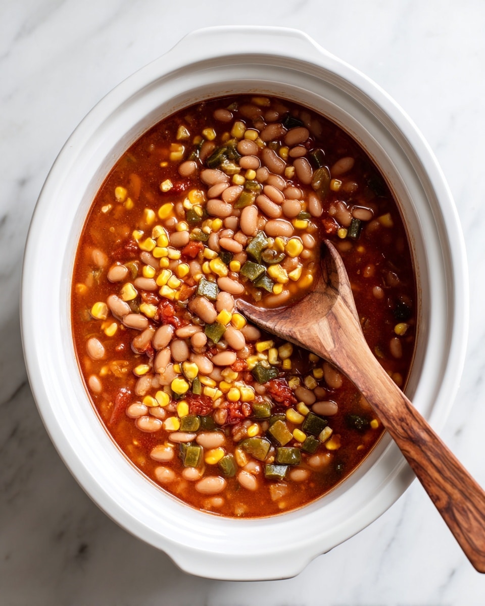 The image shows a white slow cooker filled with a soup that has several layers of ingredients mixed together. The top layer consists of light brown beans, bright yellow corn kernels, and small pieces of green vegetables, all floating in a reddish-brown broth. A wooden spoon with a rich, warm wood grain texture is partially dipped into the soup on the right side, slightly scooping some of the ingredients. The slow cooker sits on a white marbled surface, adding a clean and bright contrast to the warm colors of the soup. Photo taken with an iphone --ar 4:5 --v 7