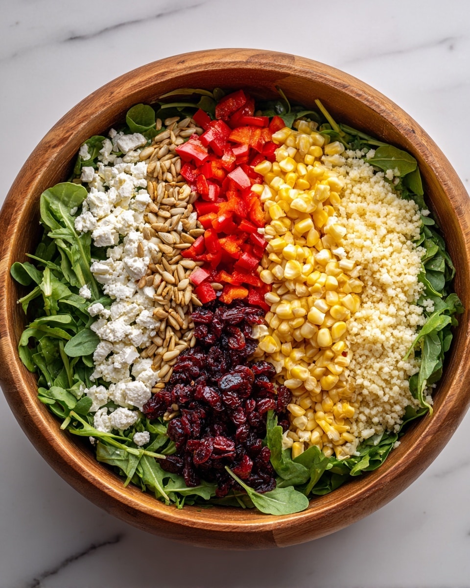 The image shows a wooden bowl filled with a colorful layered salad arranged in vertical stripes. Starting from the left, the first layer is green arugula leaves with beige sunflower seeds sprinkled on top, followed by white crumbly cheese. Next is a bright red chopped bell pepper layer, then a layer of pale yellow corn kernels. To the right of the corn, there is a dark red chopped dried cranberry layer, and finally, a fluffy pale yellow couscous layer on the far right. All layers sit neatly side by side over a bed of green arugula, placed on a white marbled surface. Photo taken with an iphone --ar 4:5 --v 7