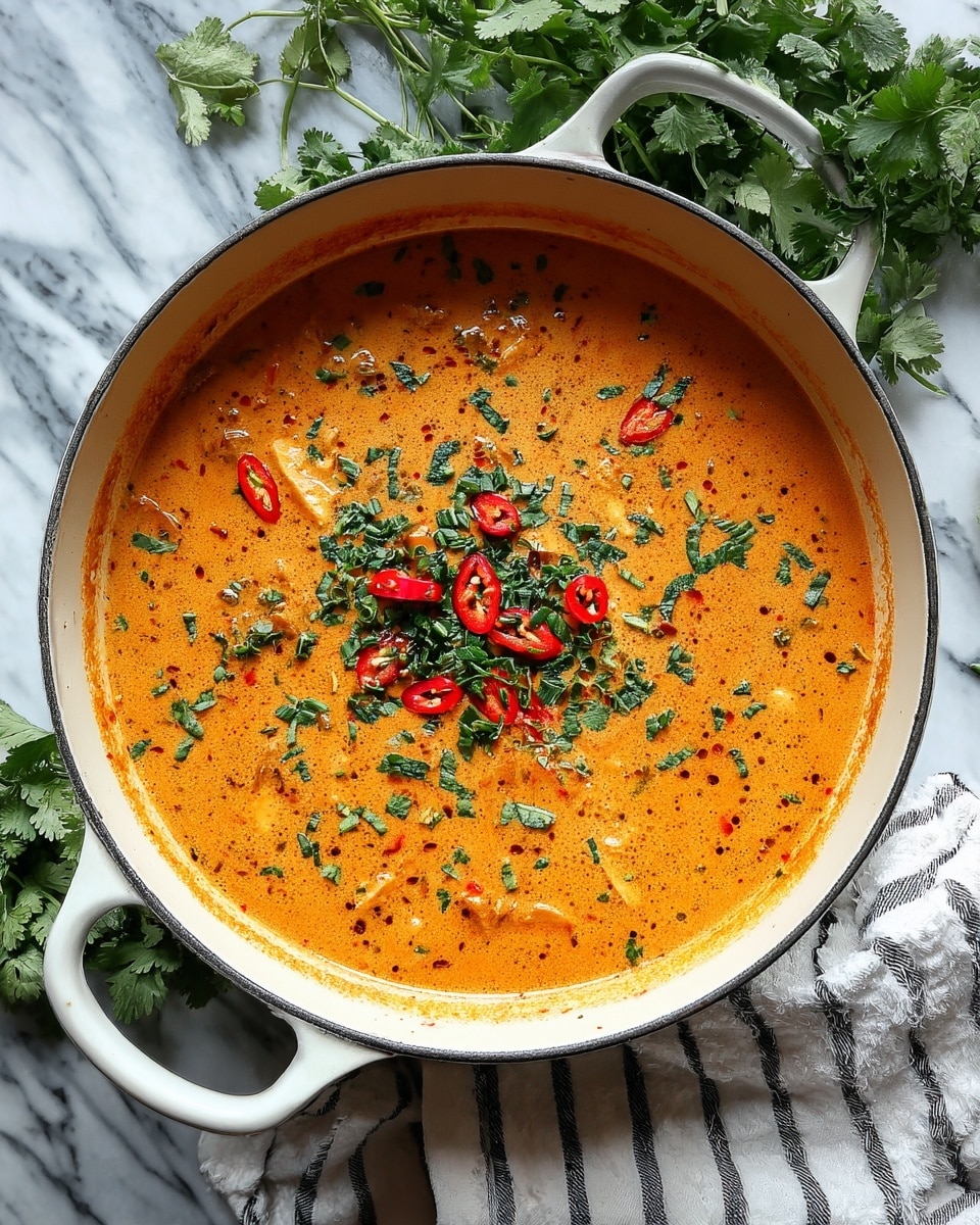 A large white cast iron pot filled with thick, creamy orange curry with visible soft textures and small pieces of food inside, garnished on top with chopped green herbs and sliced green and red chili peppers scattered evenly across the surface, all placed on a white marbled surface with green coriander leaves nearby and a white towel with black stripes partially visible, photo taken with an iphone --ar 4:5 --v 7