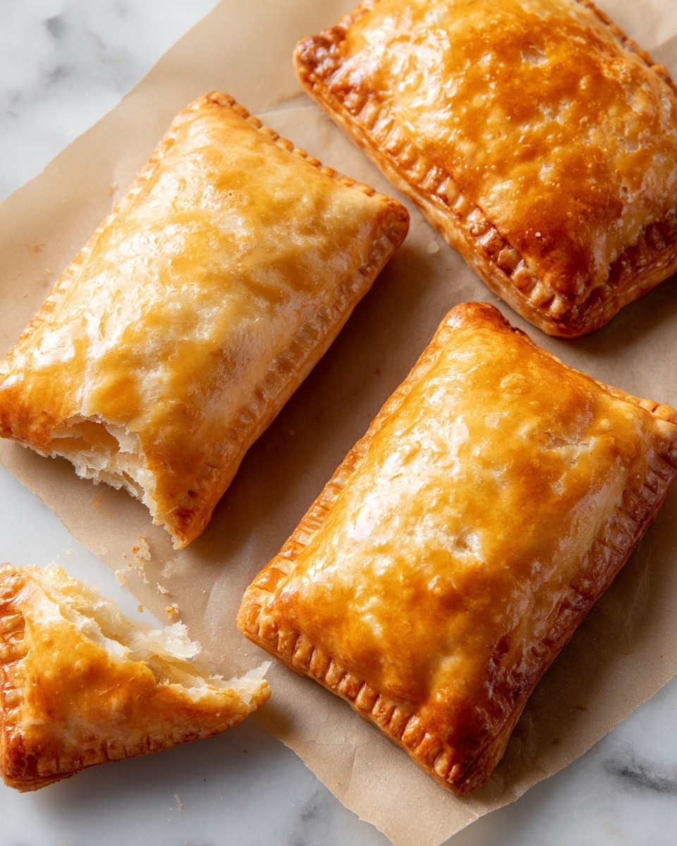 The image shows three golden brown, rectangular pastries with a shiny, slightly crispy top layer, placed on parchment paper over a white marbled surface. Two of the pastries are whole and maintain their full rectangular shape with slightly crimped edges, while the third pastry on the left side is broken into two pieces, revealing flaky, light layers inside. The overall texture of the pastries looks flaky and soft on the inside with a crunchy outer crust. There are faint insets and small wrinkles visible on the surface of the pastries, indicating the flaky layers beneath. photo taken with an iphone --ar 4:5 --v 7