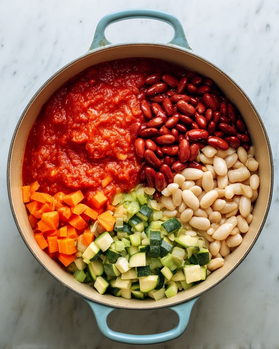 Inside a light blue pot on a white marbled surface, there are four visible layers of ingredients. First, at the bottom, there are small, chopped pieces of green zucchini mixed with bright orange carrot chunks and light green celery bits. On the right side, above the vegetables, there is a pile of small, white beans. Next to the beans, on the left side, there is a heap of rich red kidney beans. The top left portion of the pot holds a thick, bright red tomato sauce with visible small pieces of tomato. The colors are vivid and fresh, showing a mix of textures from smooth sauce to firm beans and crunchy vegetables. Photo taken with an iphone --ar 4:5 --v 7