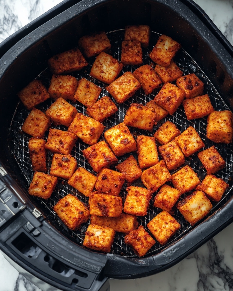 The image shows many small orange-brown cubes of food inside the black basket of an air fryer. The cubes look crispy and seasoned with a reddish spice. The air fryer basket has a mesh bottom and is set against a white marbled surface. There are no other items visible in the picture. photo taken with an iphone --ar 4:5 --v 7