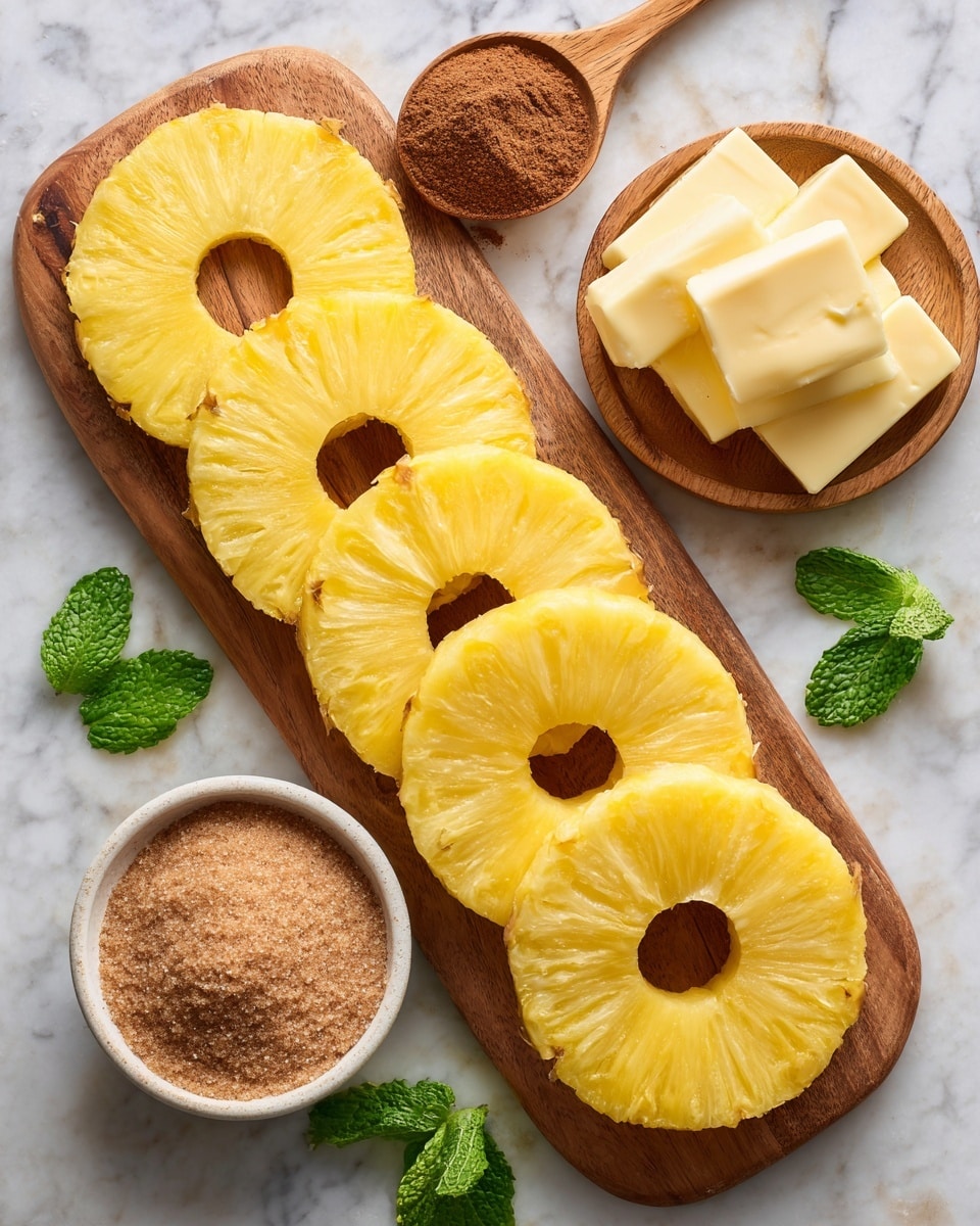 The image shows six bright yellow pineapple rings arranged in a straight line on a wooden board, each ring evenly spaced with a soft texture and a hole in the middle. Above the pineapple rings, there is a small wooden spoon filled with brown cinnamon powder on the left and three blocks of pale yellow butter stacked on the right. Below the pineapples, a small white bowl is filled with light brown sugar, and a few fresh green mint leaves add a pop of color in the bottom left corner. The wooden board sits on a white marbled surface photo taken with an iphone --ar 4:5 --v 7