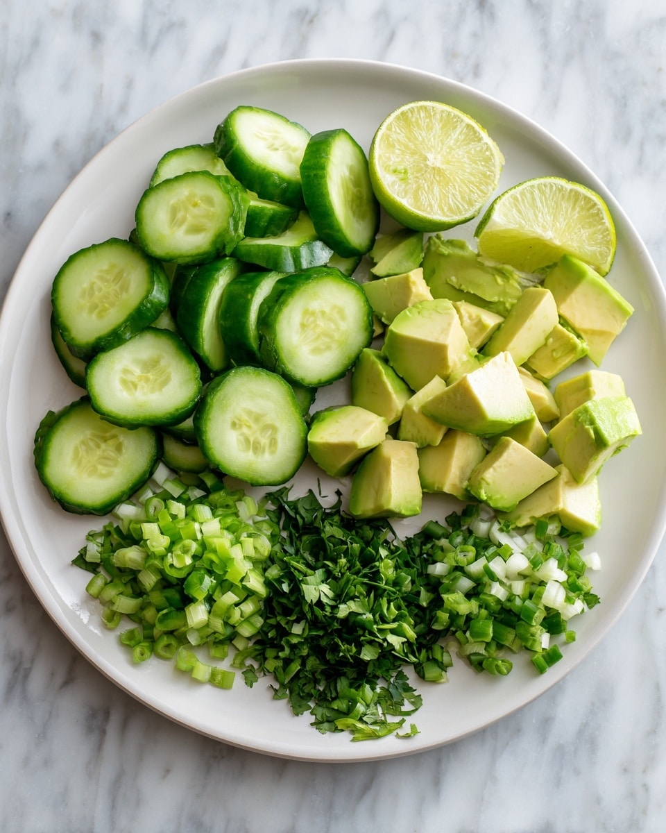 A white plate sits on a white marbled surface with chunks of bright green avocado pieces on the right side, smooth and creamy in texture. To the left are fresh cucumber slices, glossy and bumpy on the edges, arranged in a loose pile. Below the cucumbers are three small piles of finely chopped green herbs: scallions sliced in thin white and green rings, leafy finely chopped cilantro, and bright green diced chives. Around the plate, small pieces of lime and cucumber are scattered, with half a lime placed near the top right corner. Photo taken with an iphone --ar 4:5 --v 7