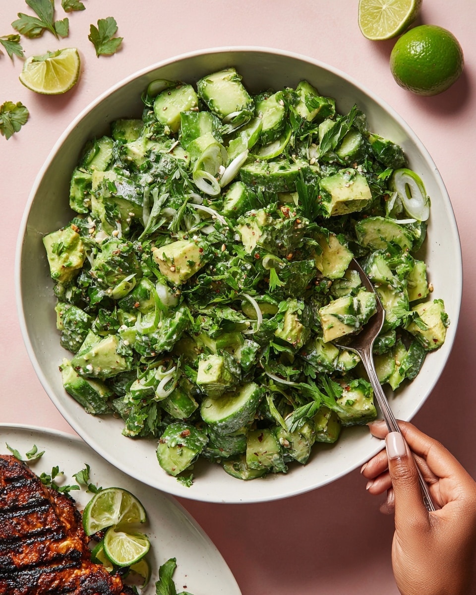A white bowl filled with a fresh green salad made of large uneven chunks of avocado, chopped cucumber pieces, and sprinkled with chopped leafy herbs and slices of green onion, all mixed together creating a textured, leafy, and juicy look. A silver spoon is scooping some of the salad, held by a woman's hand at the bottom right. Near the bowl, half a lime and some scattered leafy herb pieces are on a smooth pink background. A white plate with grilled food and lime wedges is partially visible at the bottom left. Photo taken with an iphone --ar 4:5 --v 7