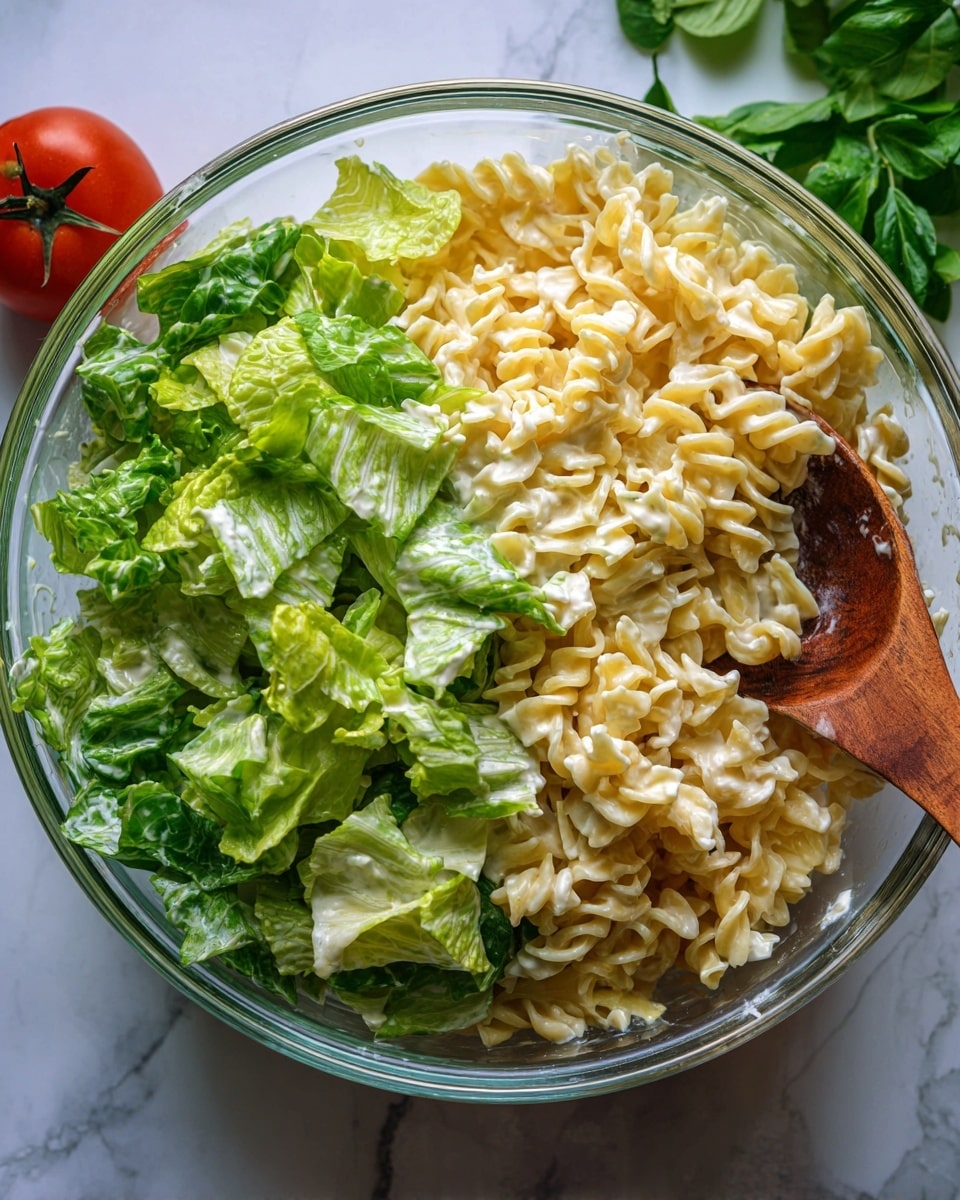 A clear glass bowl filled with a creamy pasta salad is shown, with three main layers visible: the bottom has short, ruffled yellow pasta pieces, the middle layer holds large, leafy lettuce pieces with a fresh green color, and the top is lightly coated with creamy dressing binding the pasta and lettuce. A wooden spoon with some salad wrapped around it rests in the bowl, and the background shows faint green leaves and a small red tomato on a white marbled surface. Photo taken with an iphone --ar 4:5 --v 7