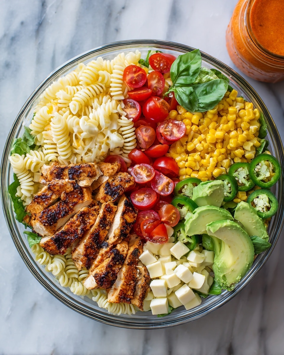A clear bowl filled with a layered salad starting with a base of pale yellow pasta curls at the bottom. On top of the pasta, there are small cubes of white and orange cheese scattered around. A line of bright red cherry tomato halves is placed on one side, next to grilled corn kernels with light charring. Grilled, dark brown pieces of seasoned chicken with grill marks are arranged in the center. On the right side, there are light green slices of avocado and several slices of dark green jalapeno peppers. Fresh green basil leaves garnish the bowl, adding a fresh look. The bowl is set on a white marbled surface with an orange sauce jar partially visible in the top left corner. Photo taken with an iphone --ar 4:5 --v 7