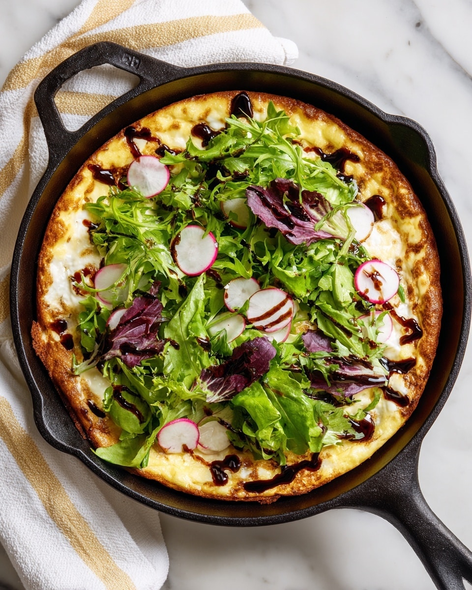 The image shows a dish served in a black cast iron skillet placed on a white marbled surface. The bottom layer is a golden-brown baked cheesy base with slightly browned spots and a creamy texture. On top of this base, there is a fresh green salad mix with layers of light green and dark purple lettuce leaves, giving a ruffled and leafy texture. Scattered among the leaves are round, thin slices of white and pink radishes adding a crisp contrast. Drizzled on the salad is a dark balsamic glaze, creating shiny spots and lines over the greens and radishes, enhancing the visual appeal. The skillet handle is partially covered by a white cloth with pale yellow stripes. Photo taken with an iphone --ar 4:5 --v 7