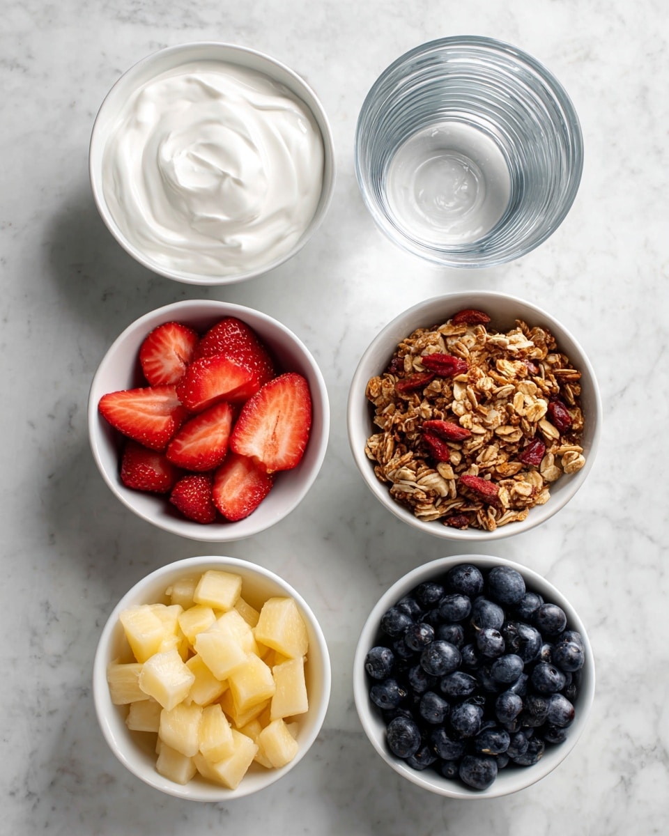 The image shows five white bowls placed on a white marbled surface, each containing different ingredients. Starting from the top left, there is a bowl filled with plain white yogurt showing a smooth texture. To the right of it, there are two clear chilled glasses filled with water. Below the yogurt bowl, there is a bowl containing sliced red strawberries, with a fresh, juicy look. Next to the strawberries is a bowl filled with brown granola mixed with red strawberry pieces, showing a crunchy texture. Below the granola bowl, there is a bowl with bright yellow fresh cubed fruit pieces, and to the right of it, a bowl filled with dark blue, round blueberries. The bowls are all white, and the background is a white marbled surface. photo taken with an iphone --ar 4:5 --v 7