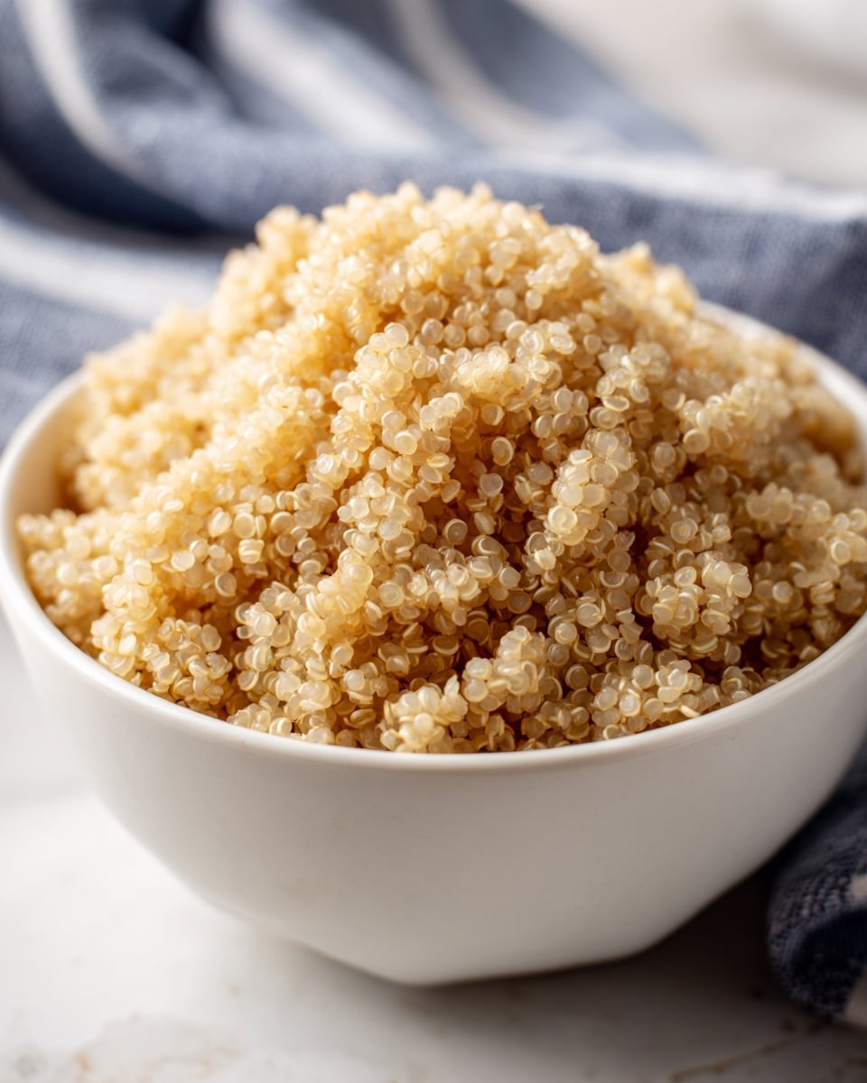 A white bowl filled with a single layer of cooked quinoa, the small round grains are light beige with a slightly fluffy texture, piled high in the center of the bowl. The bowl sits on a surface with a white marbled texture, and a blue and white striped cloth is blurred in the background. The focus is close-up on the quinoa showing its tiny, round shape and soft appearance. photo taken with an iphone --ar 4:5 --v 7