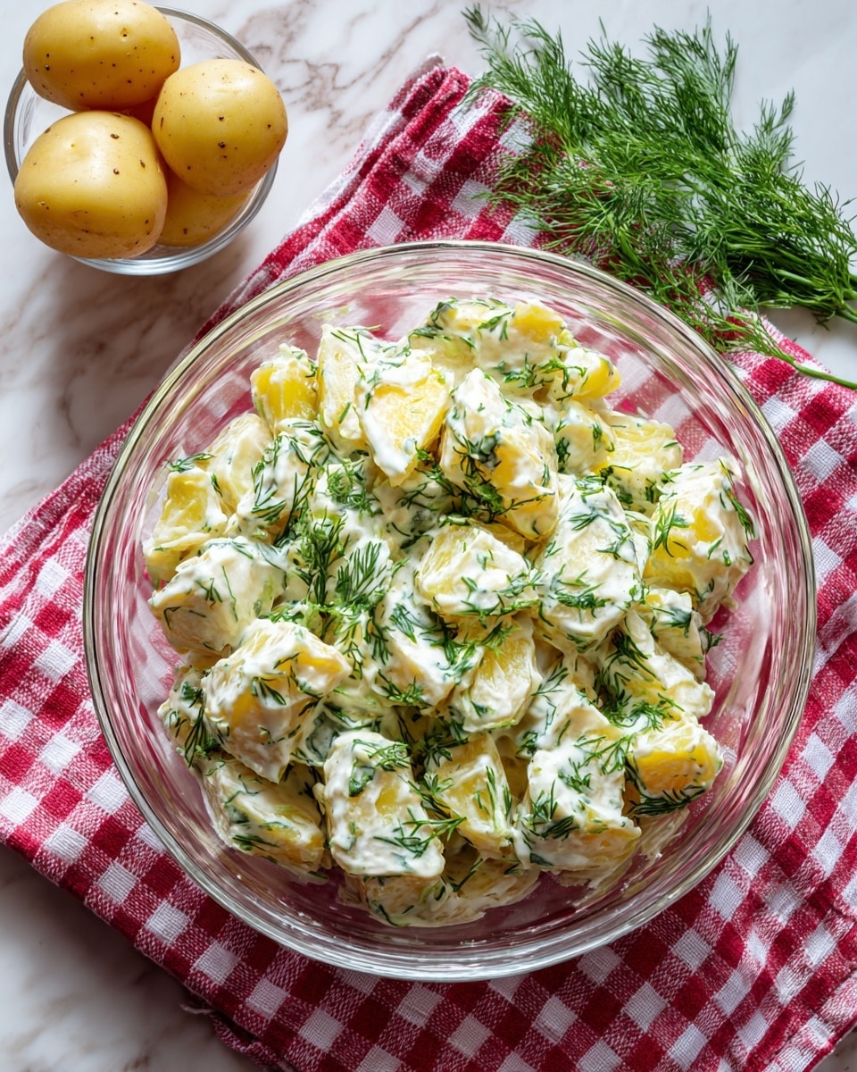 A clear glass bowl filled with chunky potato salad sits on a white marbled surface with a red and white checkered cloth beneath. The potato salad is made of roughly cut pale yellow potato pieces mixed in a creamy white dressing, sprinkled with fresh green dill leaves scattered on top and throughout the salad. In the top left corner, a small clear bowl holds whole yellow potatoes next to some fresh dill sprigs. The whole scene has a bright and fresh look with natural light. Photo taken with an iphone --ar 4:5 --v 7