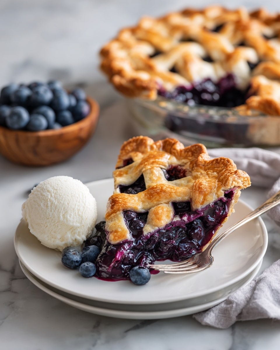A white plate holds a slice of blueberry pie with a golden brown lattice crust on top. The pie filling is deep purple and shiny, visibly thick and filled with whole blueberries. Next to the pie slice is a scoop of white vanilla ice cream showing small texture details. A silver fork rests on the right side of the plate. Behind the plate, a round glass pie dish holds the rest of the pie, with a similar shiny golden crust and dark purple filling. A small wooden basket of fresh blueberries and a light gray cloth are on the white marbled surface in the background. The photo taken with an iphone --ar 4:5 --v 7