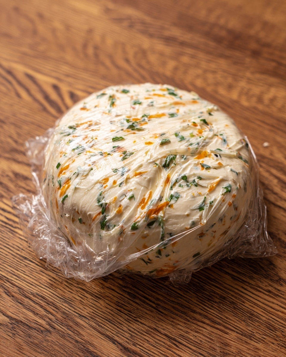 A round mound of cream cheese mixed with small specks of orange and green herbs is tightly wrapped in clear plastic wrap. The cheese has a soft, smooth and slightly glossy texture, with the orange and green bits spread evenly throughout. The wrapped cheese sits on a warm brown wooden surface with a natural grain pattern. Photo taken with an iphone --ar 4:5 --v 7