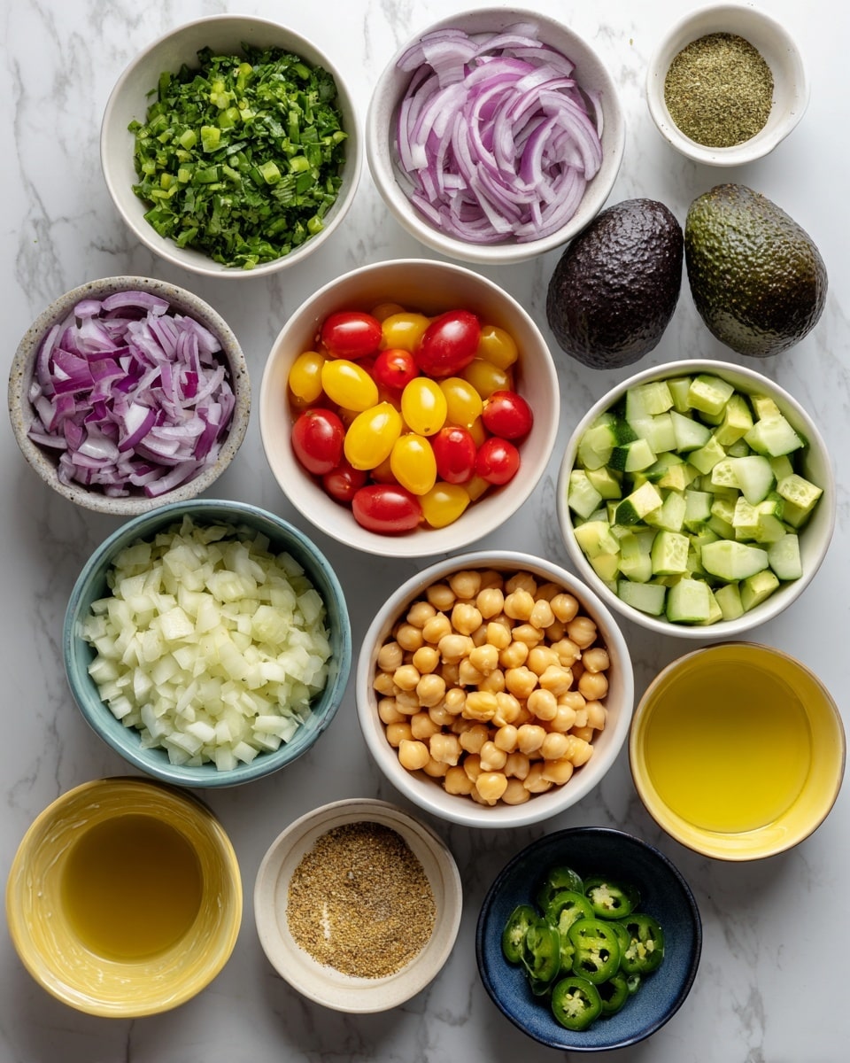 A top-down view shows several bowls and cans of fresh ingredients arranged on a white marbled surface. There are twelve containers featuring diced green cilantro, cubed light green cucumber in a white bowl, sliced red and yellow cherry tomatoes in a white bowl, chopped purple red onion, two whole dark green avocados, a can filled with yellow corn, another can showing light beige chickpeas, a white bowl with pale yellow lemon juice, a small dark blue bowl with minced white garlic, white bowls with golden olive oil and light amber honey, small beige bowl with diced green jalapeño, and a small yellow bowl containing dry Italian seasoning. photo taken with an iphone --ar 4:5 --v 7
