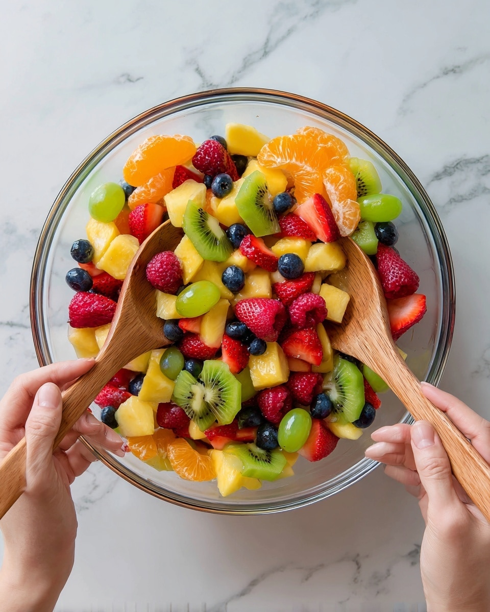 A clear glass bowl filled with a colorful fruit salad showing multiple layers of fruits. The top layer has bright orange mandarin slices, green grapes, and light orange cantaloupe pieces. Below, there are red raspberries, dark blueberries, red strawberries, and chunks of yellow pineapple. Pieces of green kiwi with texture on the skin are mixed throughout. Two wooden spoons are being held by a woman's hands on either side of the bowl, gently mixing the fruits. The bowl sits on a white marbled surface. Photo taken with an iphone --ar 4:5 --v 7