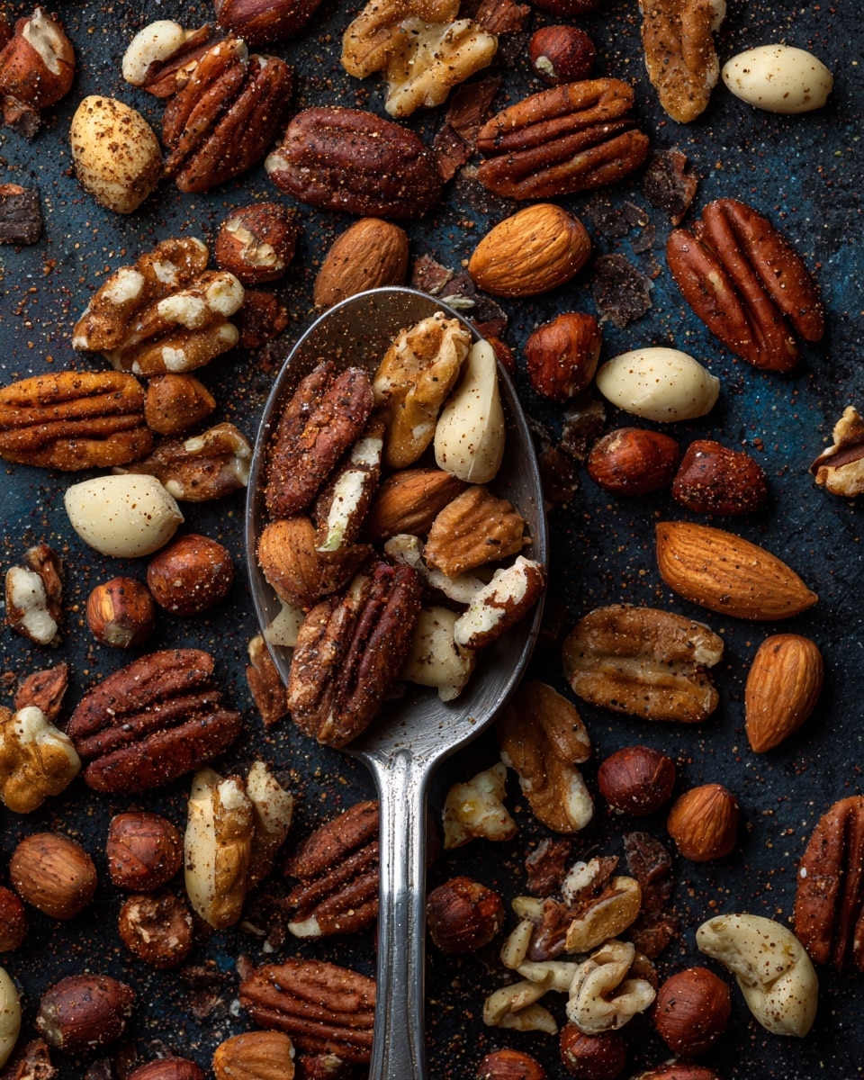 A close-up shot of a variety of toasted nuts scattered on a dark surface with a silver spoon holding a small pile of mixed nuts, including pecans, walnuts, almonds, and hazelnuts. The nuts are brown with a slightly rough texture, showing a light dusting of seasoning or spice. The dark background contrasts with the warm, golden brown tones of the nuts, highlighting their uneven shapes and natural details. Photo taken with an iphone --ar 4:5 --v 7