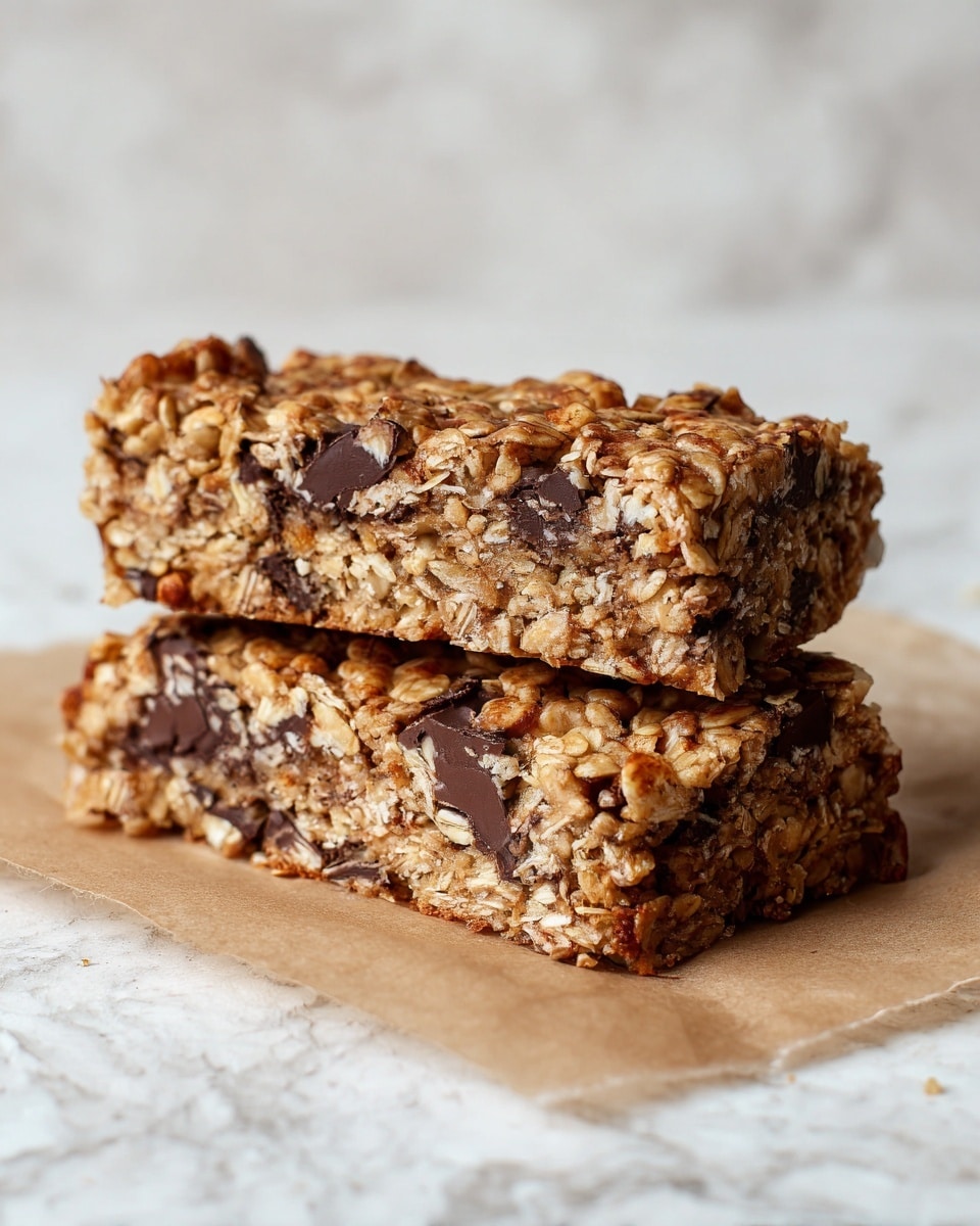 The image shows two thick oatmeal bars stacked one on top of the other on brown baking paper. The bars have a rough texture with visible oats, chunks of nuts, and small bits of dark chocolate spread throughout. The top bar is slightly lifted, showing the inside which looks soft and chewy with a mix of light brown oats and darker chocolate pieces. The edges are slightly crumbly with some crumbs around the bars. The background is a white marbled texture photo taken with an iphone --ar 4:5 --v 7