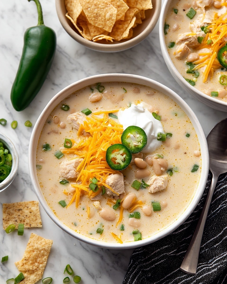A white bowl filled with a creamy soup containing chunks of light beige beans and pieces of white chicken, topped with bright orange shredded cheddar cheese, two thin slices of green jalapeño, finely chopped green onions, and a dollop of white sour cream, all sitting on a white marbled surface. On the side, there is a close-up of another white bowl with the same soup partially visible, and a beige bowl filled with light brown tortilla chips. A whole green jalapeño and some scattered chopped green onions and cheese pieces surround the bowls, with a black and white striped cloth partially visible near the top right corner. photo taken with an iphone --ar 4:5 --v 7