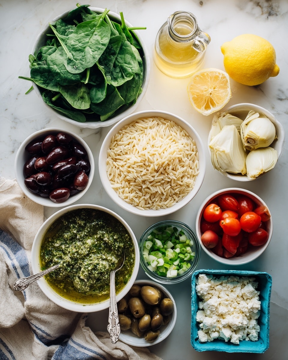 The image shows a variety of fresh ingredients arranged neatly on a white marbled surface. Starting from the top left, there is a white bowl full of fresh green spinach leaves. To the right, a clear glass bottle holds light golden veggie broth. Next to it is a whole lemon and a lemon half revealing its light yellow interior. Below the lemon, a small white bowl has uncooked orzo pasta in pale beige color. In the center, a white bowl contains pale, off-white artichoke hearts. To its right, a small white bowl is filled with chopped green onions, bright in color. Below the artichokes, a white bowl holds dark brown olives. To the bottom right, a green bowl with crumbled white feta cheese is placed. Near the bottom left corner of the image, a white bowl contains vibrant green basil pesto with a smooth, slightly chunky texture and a silver spoon inside. Adjacent to the pesto, a blue carton is filled with red and orange cherry tomatoes. Everything is placed on a soft-striped cloth adding a subtle texture to the setting. photo taken with an iphone --ar 4:5 --v 7