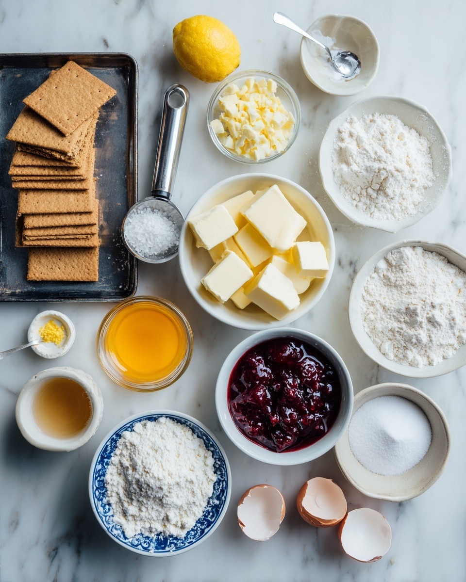 The image shows various baking ingredients neatly arranged on a white marbled surface. On the left, there is a dark metal baking sheet with a metal ice cream scoop on it. Next to it, from left to right, there is a stack of three rectangular graham crackers, a whole yellow lemon, and a small white spoon with some yellow zest. Towards the center is a clear glass bowl with several cubes of pale yellow butter. On the right side, there are several white bowls filled with powdery white flour and white powdered sugar, and a blue-and-white patterned bowl with a dark red, chunky berry mixture. A small glass holds a bright orange liquid, and next to it are two cracked empty eggshells. There is also a small white bowl with a light brown liquid and another small glass with a clear liquid. The scene is clean, organized, and well lit, with natural tones of yellow, white, red, and brown. Photo taken with an iphone --ar 4:5 --v 7