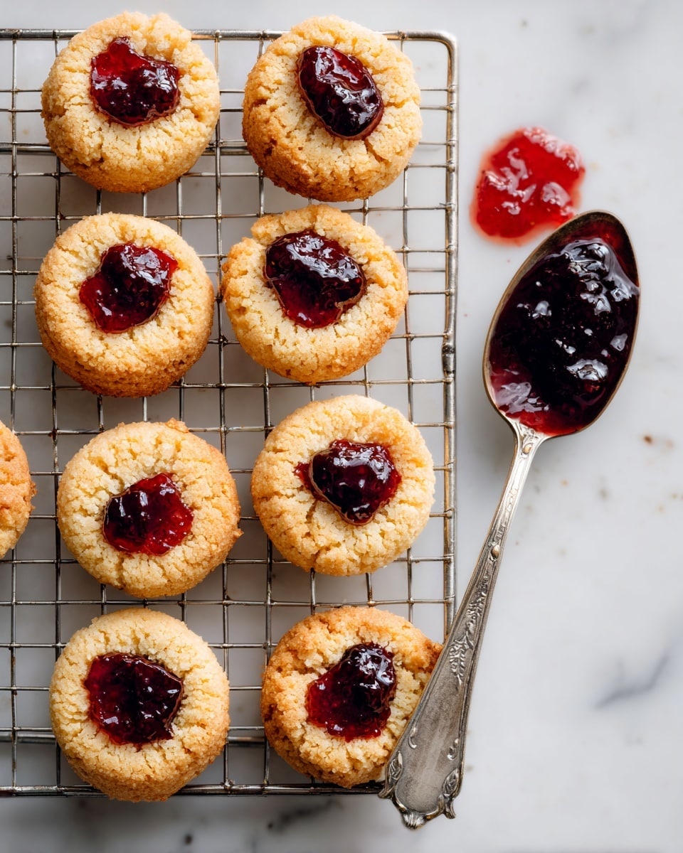 The image shows nine small golden-brown cookies arranged on a silver cooling rack. Each cookie has a rough, crumbly texture and a slightly uneven round shape. In the center of every cookie, there is a dollop of shiny, dark red cherry jam with visible whole cherries, giving a glossy and thick look. To the right of the cooling rack on a white marbled surface, a silver spoon holds more of the dark red cherry jam with some spilled jam nearby, adding a casual feel. The scene is bright and clean, emphasizing the contrast between the warm cookie color and the rich red jam. Photo taken with an iphone --ar 4:5 --v 7