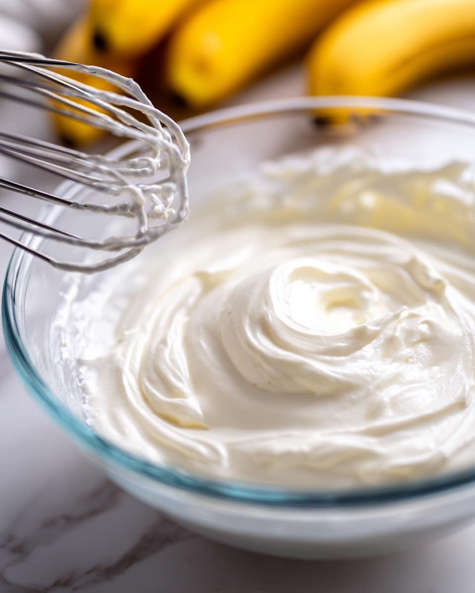 A close-up view of a clear glass mixing bowl filled with smooth, thick white cream that has soft peaks and a glossy texture. A silver electric mixer whisk is partially visible on the left, blending the cream. In the background, out of focus, there are yellow bananas resting on a white marbled surface. The lighting is bright and natural, highlighting the cream’s fluffy texture and the glass bowl’s shiny edges. photo taken with an iphone --ar 4:5 --v 7