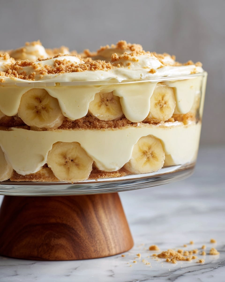 This image shows a close-up side view of a layered dessert in a clear glass dish on a wooden base, placed on a white marbled surface. The dessert has three layers: the bottom is a creamy, pale yellow custard layer; the middle layer consists of thick, circular slices of banana lined up side by side; the top layer is another smooth pale yellow custard layer that drapes slightly over the banana slices with a soft, creamy texture. There are light brown crumbs sprinkled on top, adding a bit of texture. The photo taken with an iphone --ar 4:5 --v 7
