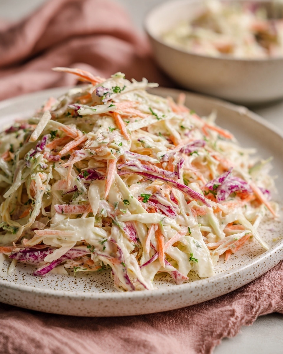 A close-up view of a creamy coleslaw spread thinly on a large white speckled plate, showing layers of shredded white and purple cabbage, light orange carrot strips, and small bright green herbs all mixed tightly in a pale off-white creamy dressing. The textures include soft cabbage, slightly crisp carrot, and fresh leafy bits, with the dressing glossing the mix, creating a lightly wet appearance. The plate sits on a wrinkled rose pink cloth with a soft focus in the background where a partial view of a bowl with similar salad is seen. Photo taken with an iphone --ar 4:5 --v 7