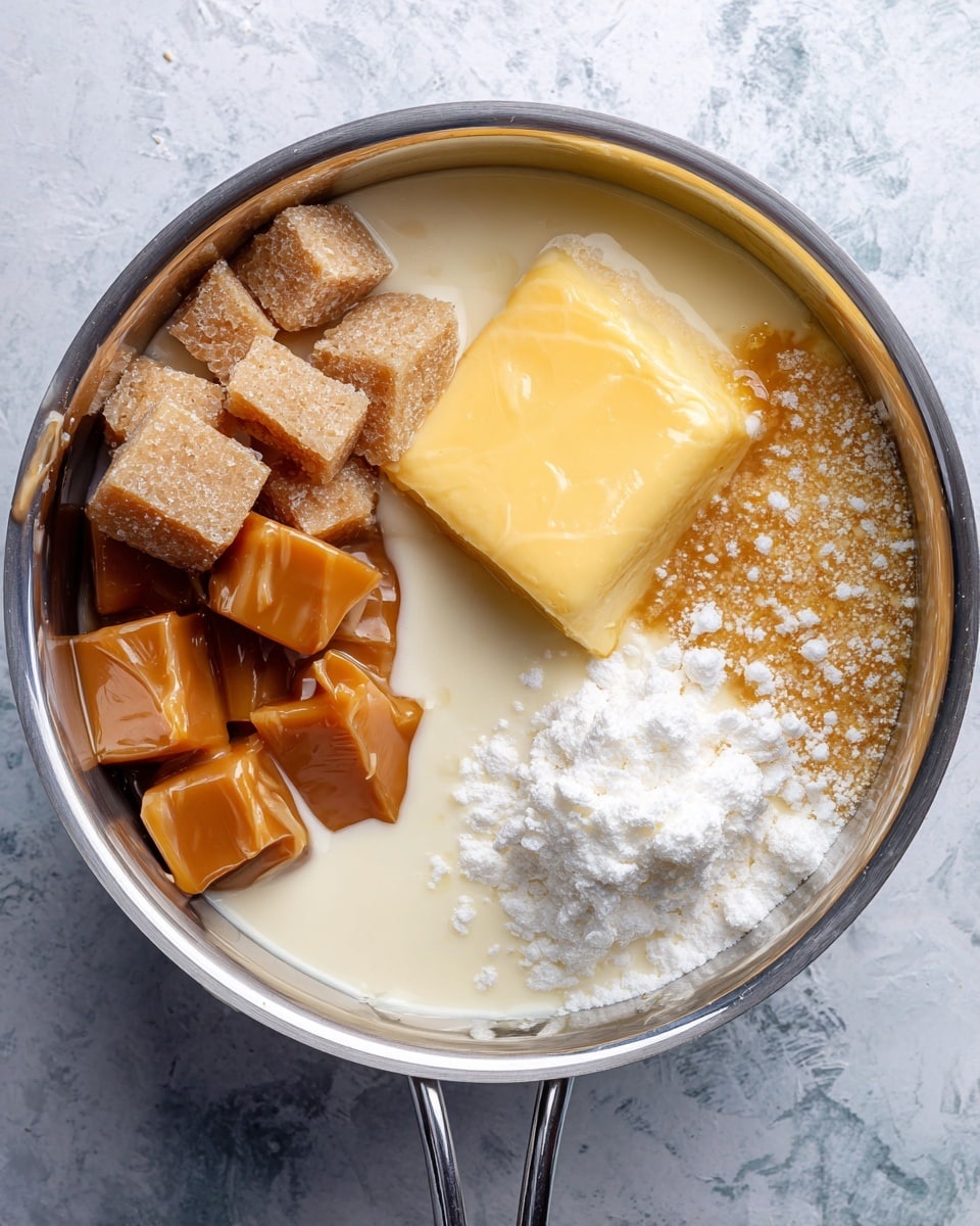 The image shows a metal pot with several ingredients inside. There is a small pile of light brown caramel cubes on the left side, some of them partially melted with a shiny wet appearance. A large yellow square block of butter is in the middle, surrounded by creamy white milk. On the right side is a sprinkle of white granulated sugar scattered near another few caramel pieces. The pot sits on a stove with a white marbled surface around it. Photo taken with an iphone --ar 4:5 --v 7