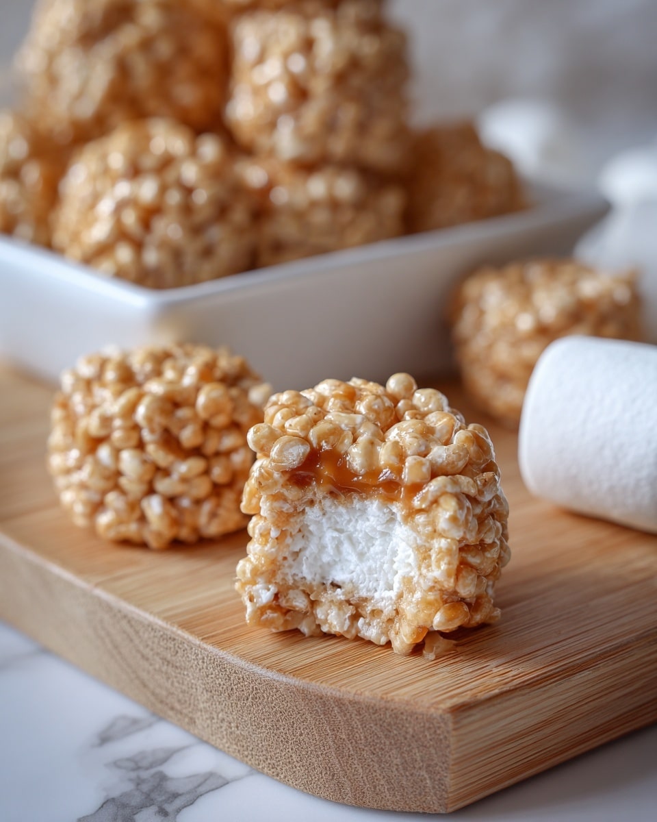 A close-up view of a small, round treat placed on a wooden surface. The treat has three visible layers: the outer layer is a light tan, crispy, textured coating made of puffed pieces; underneath it is a sticky caramel-like layer partially covering the inner center; the center is soft and white, with a fluffy, marshmallow-like texture. In the background, there is a white rectangular dish filled with many similar treats, slightly out of focus, and a white marshmallow lies on the wooden surface to the right. The scene is set against a white marbled surface. photo taken with an iphone --ar 4:5 --v 7