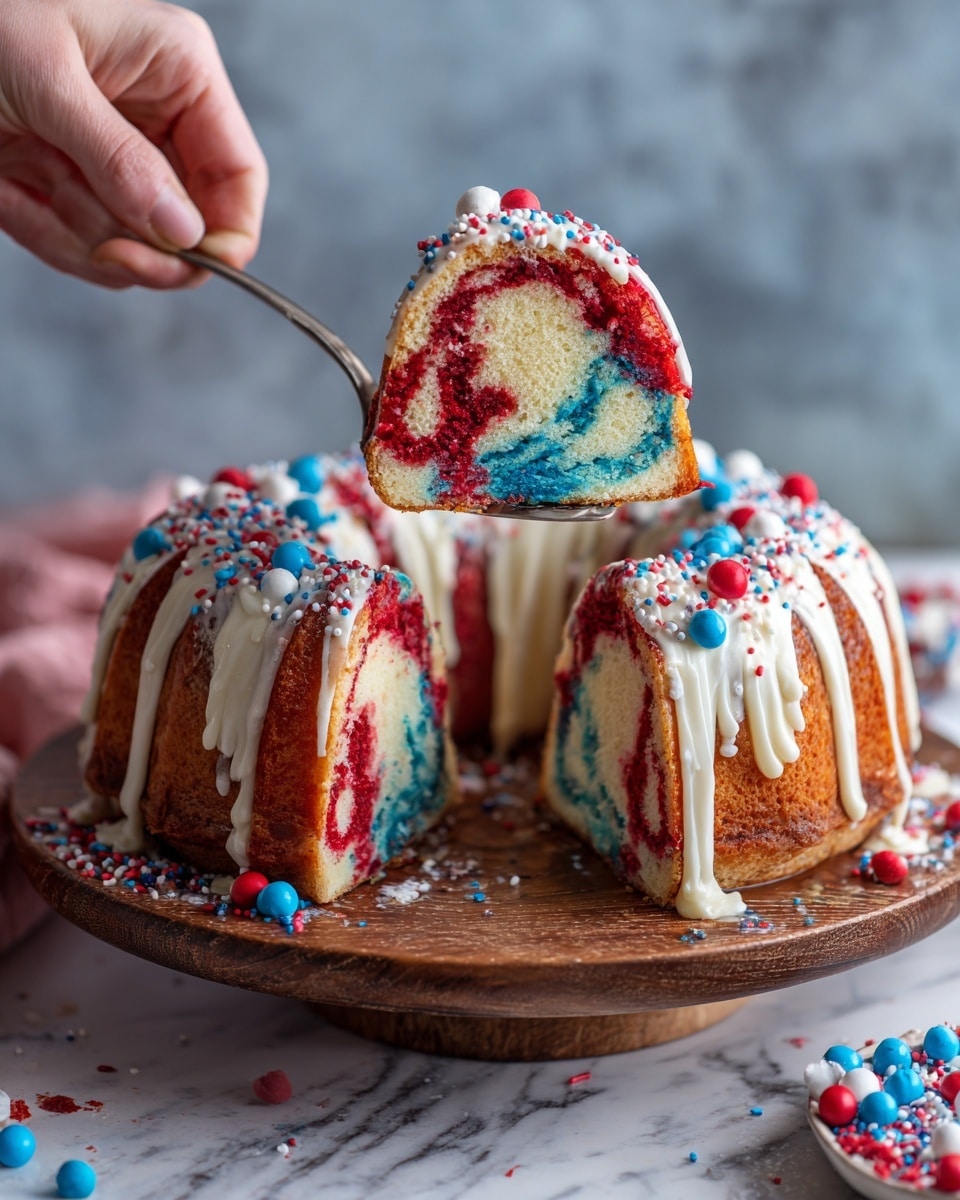 A round cake sliced into pieces sits on a wooden board. The cake has three main layers: a base layer of patterned cake visible at the cut edges, a thick white cream layer, and a top layer covered with drizzles of red, white, and blue icing. The icing stripes run in parallel lines from one side to the other. The top is heavily decorated with small round and star-shaped sprinkles in red, white, and blue colors, scattered densely across the surface and falling slightly onto the board. The whole scene is set on a white marbled surface with scattered sprinkles around, bright and clear. photo taken with an iphone --ar 4:5 --v 7