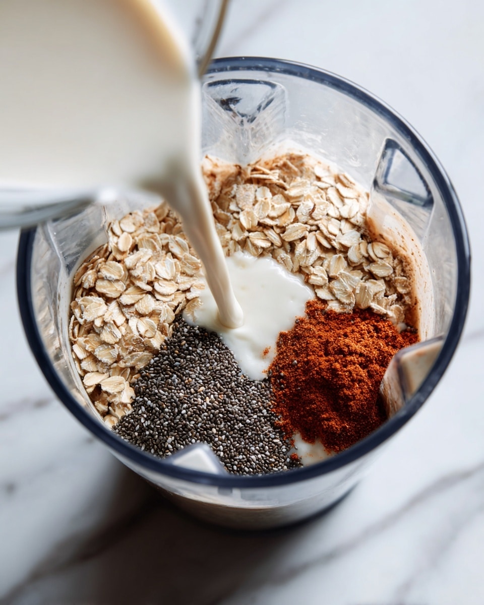 A clear blender container holds four main ingredients: a base layer of light brown rolled oats, a layer of smaller dark gray chia seeds concentrated in one corner, a sprinkling of medium brown cinnamon powder spread over the oats, and a thin stream of white milk being poured in from above. The blender is placed on a white marbled surface. Photo taken with an iphone --ar 4:5 --v 7