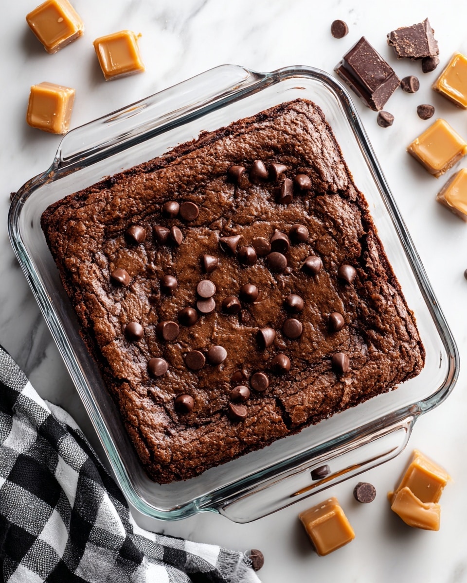 A baked chocolate dessert with one main thick layer of rich brown cake topped with scattered dark chocolate chips that add texture and shine, all inside a clear square glass dish with handles on each side. The dish is set on a white marbled surface, with more chocolate chips and some small caramel squares around it, and a black and white checkered cloth peeking from the bottom left corner. The top layer looks slightly cracked and moist. Photo taken with an iphone --ar 4:5 --v 7