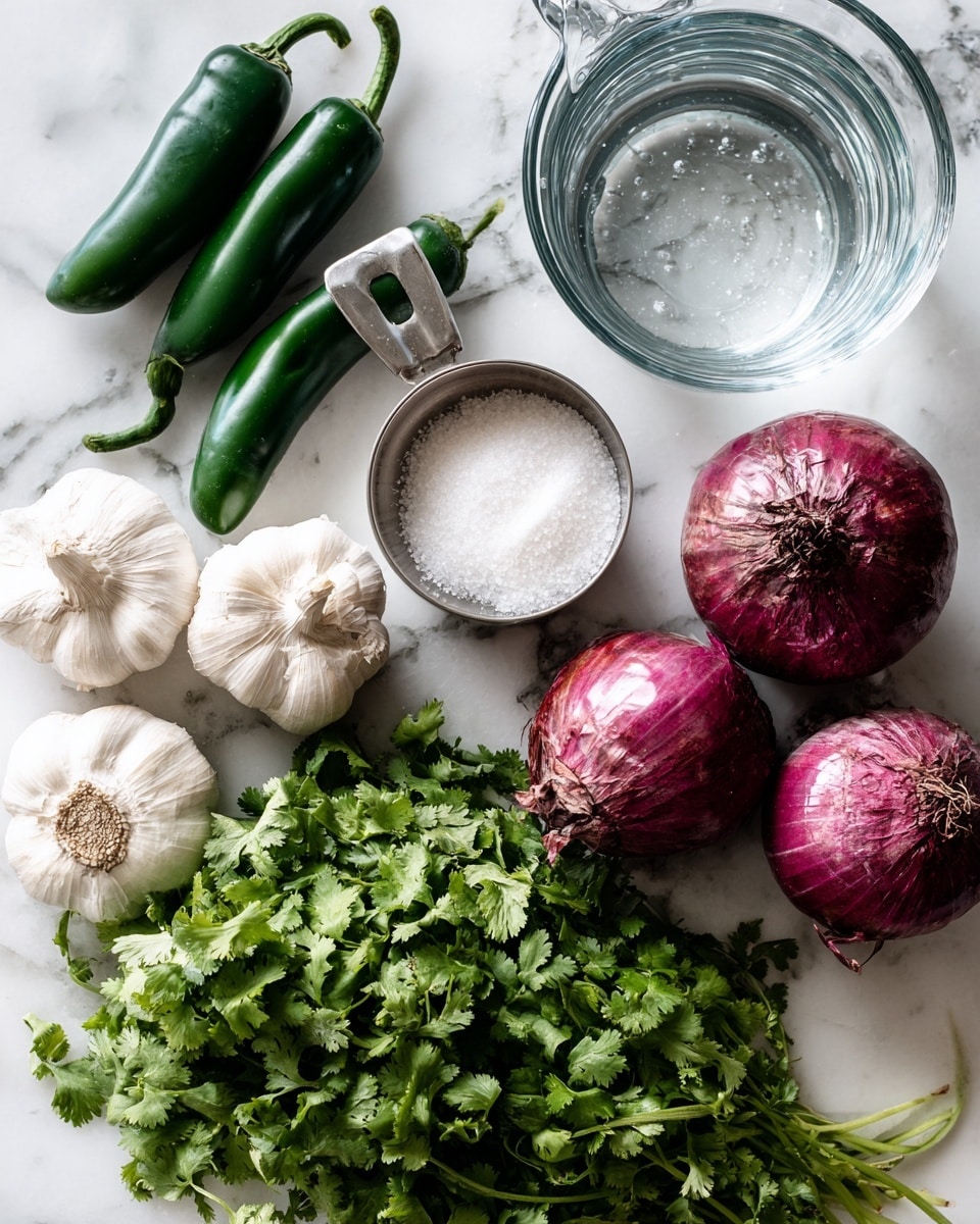 The image shows fresh food items laid out on a white marbled surface. There are three green jalapeño peppers on the left side, three garlic bulbs with white skin below them, and two large red onions with shiny skins near the center. A silver measuring cup filled with white granules, likely sugar, is next to the garlic. On the top right, there is a clear glass measuring cup filled with water and a clear glass bowl also filled with water placed above it. At the bottom right, a large bunch of fresh green cilantro with leafy stems spreads across the surface. The photo taken with an iphone --ar 4:5 --v 7