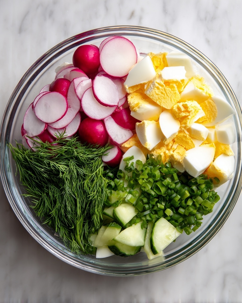 A clear glass bowl contains five separate layers of fresh ingredients arranged side by side. On the top left, there are thinly sliced red radishes with white centers and red edges. Next to them, on the top right, is a pile of chopped hard-boiled eggs with white and bright yellow pieces mixed together. Below the radishes, on the bottom left, is a bunch of fresh dill with fine green leaves. In the middle bottom, there are light green cucumber slices cut into half-moon shapes. Finally, on the bottom right, there are chopped green onions with bright green color. The bowl is placed on a white marbled surface. photo taken with an iphone --ar 4:5 --v 7
