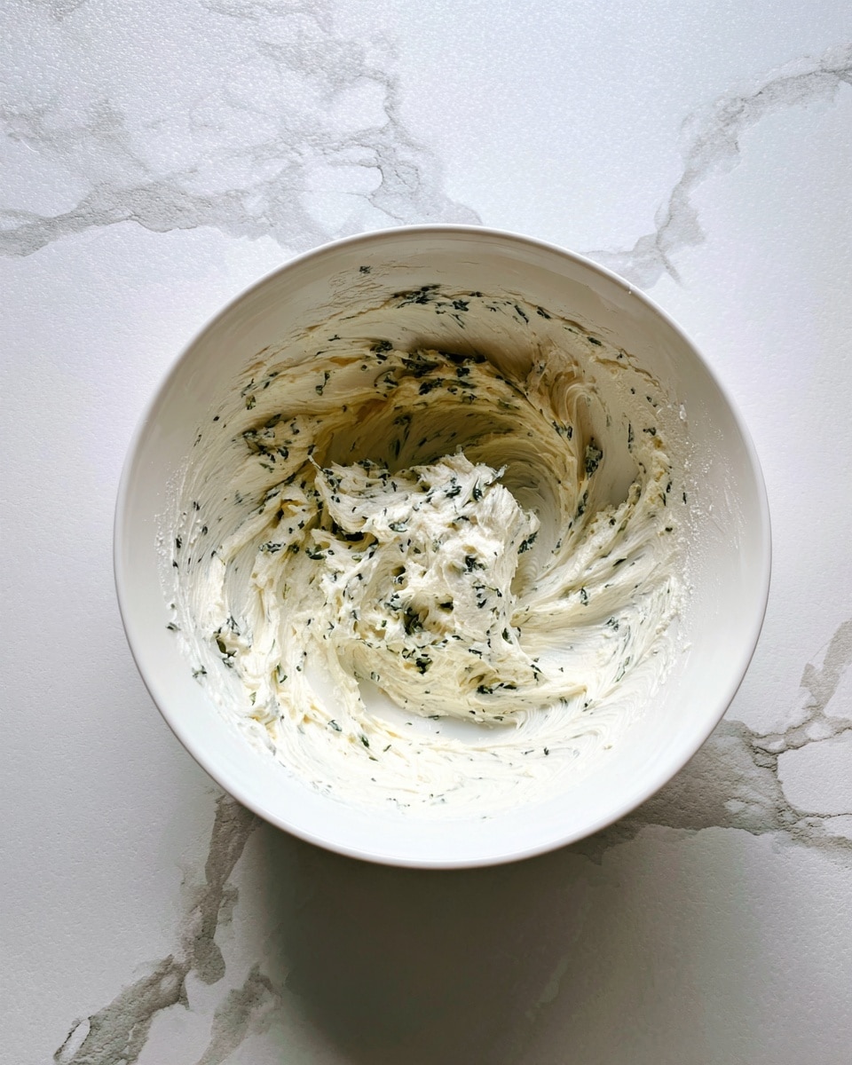 A white bowl holds a single thick layer of creamy white mixture speckled with small green herb pieces, giving a textured look with soft peaks and folds. The bowl is placed on a white marbled surface with some of the mixture lightly smeared along the inner edges. The photo taken with an iphone --ar 4:5 --v 7