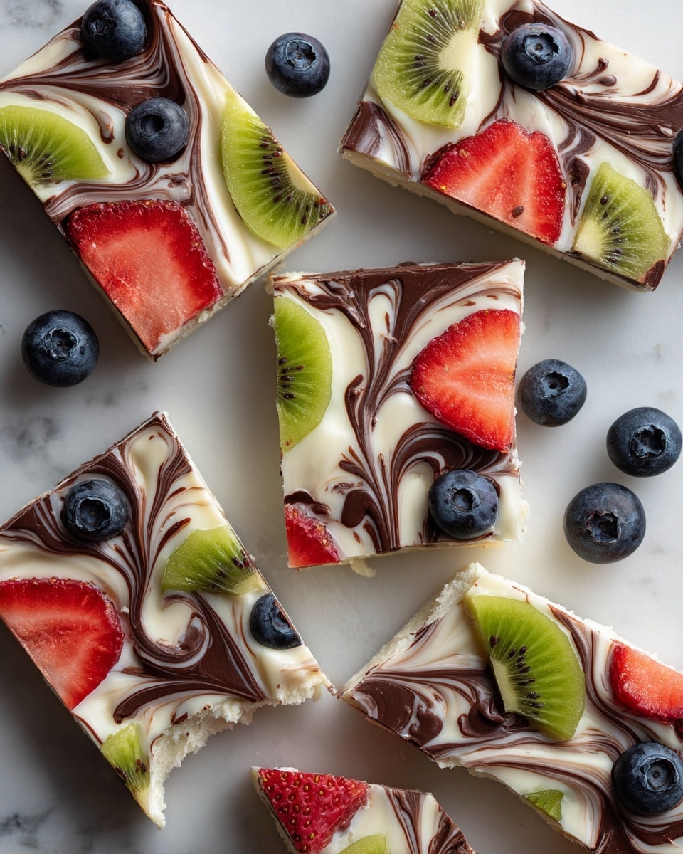 The image shows a creamy white base layer with a smooth texture, swirled with dark brown chocolate in a marbled pattern across the surface. Scattered on top are fresh fruit pieces, including bright red strawberry slices, round deep blue blueberries, and small green kiwi wedges with tiny black seeds. The dessert is flat and spread evenly, placed on a white marbled surface. The color contrast between the white base, dark chocolate swirls, and colorful fruits creates an inviting pattern. photo taken with an iphone --ar 4:5 --v 7