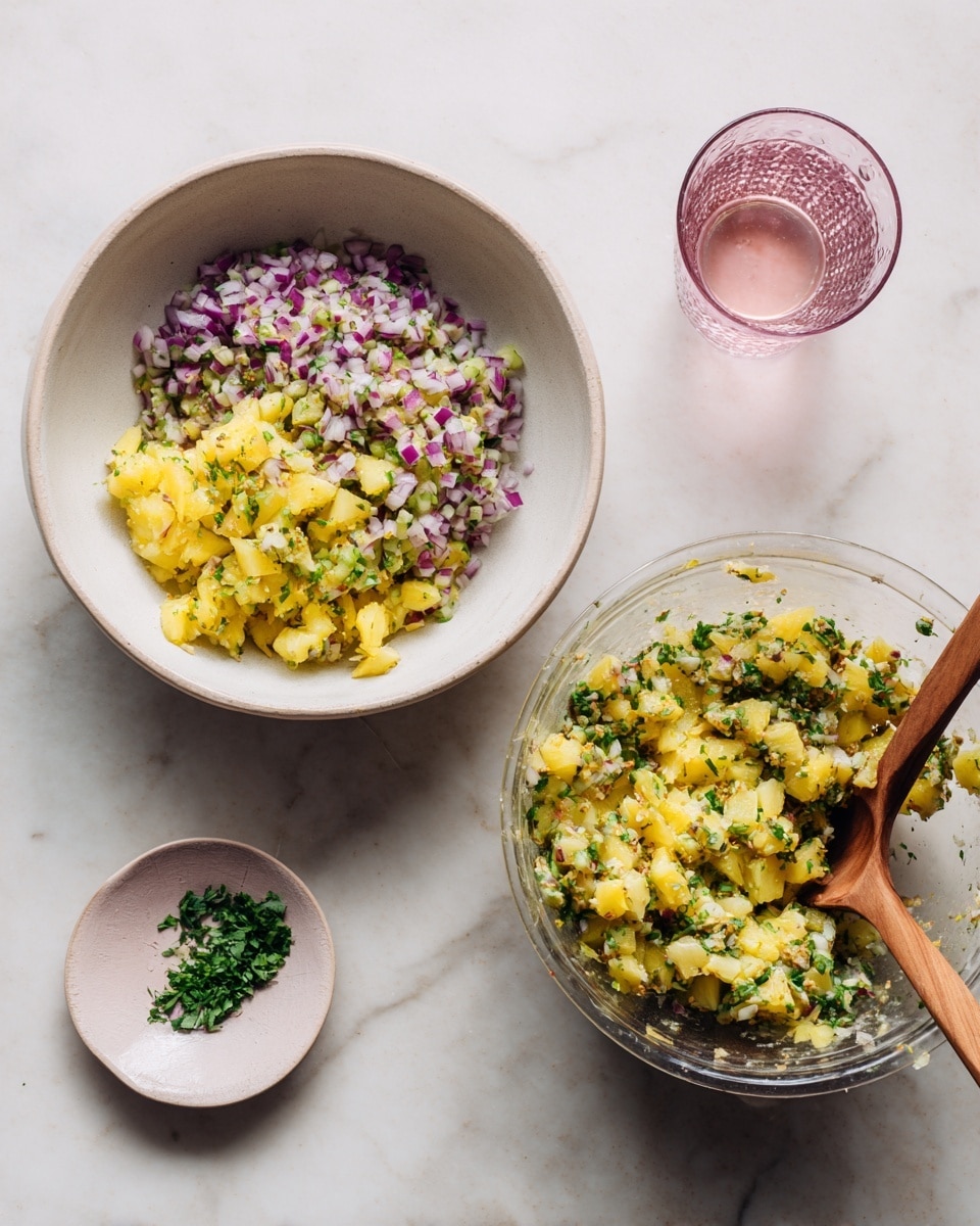 Two images show a round white bowl on a white marbled surface, filled with finely chopped yellow pineapple in one section, tiny light purple onion pieces in another, and some bright green chopped herbs in a third section on the left side. In the right image, the ingredients are fully mixed together, showing a combined yellow, green, and purple texture. A wooden stick rests inside the bowl on the right image. Nearby are a clear glass with a pink rim, a small white plate holding a wooden spoon, and a small pink bowl with some leftover chopped herbs. photo taken with an iphone --ar 4:5 --v 7