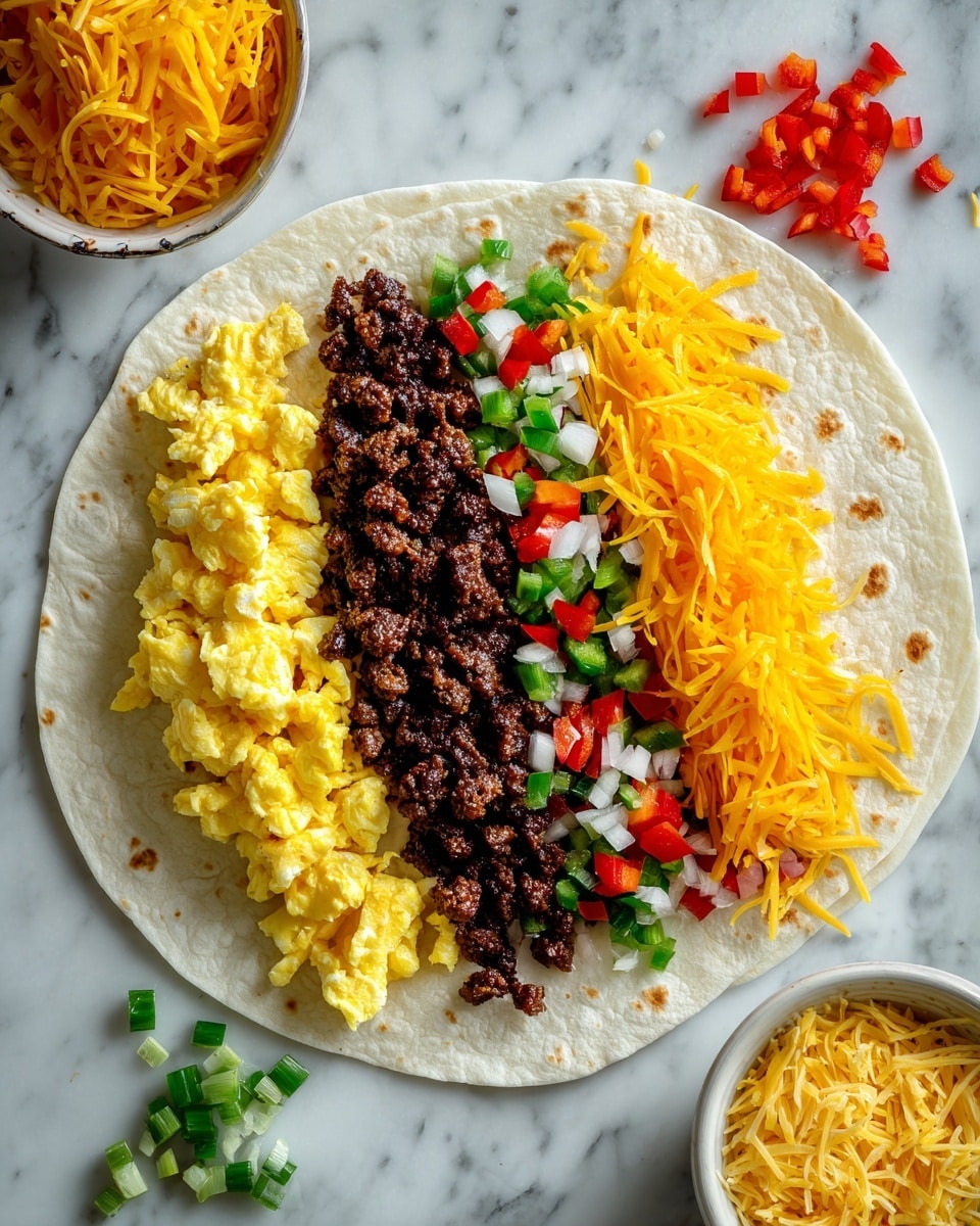A soft white tortilla is open flat on a white marbled surface with three layers of filling lined up in the center from left to right. The first layer is yellow scrambled eggs with a soft texture. Next to the eggs is a layer of small, dark brown sausage pieces. The third layer consists of diced green and red bell peppers mixed with small white onion pieces. The final layer on the right side features a generous amount of bright orange shredded cheddar cheese. Pieces of diced vegetables are scattered nearby, and a bowl of more shredded cheese is partially visible at the bottom right corner. photo taken with an iphone --ar 4:5 --v 7