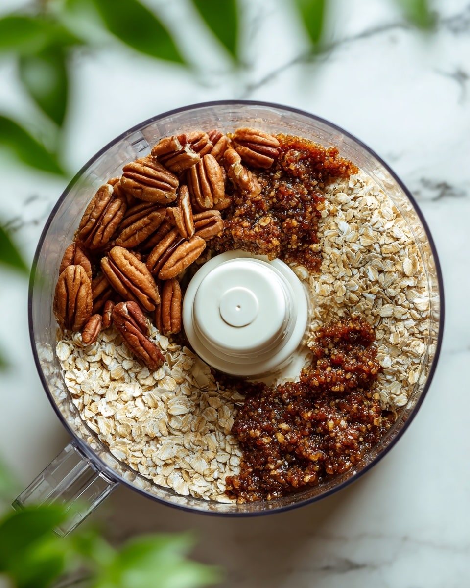 The image shows a clear food processor bowl filled with layers of ingredients seen from the top. The bottom layer is dark brown, sticky-looking mixture, over it are scattered light beige rolled oats, and the top layer is whole pecan nuts with rich brown color and textured ridges. The white blade attachment is visible in the center. The bowl is placed on a white marbled surface with some green plant leaves blurred in the background. Photo taken with an iphone --ar 4:5 --v 7