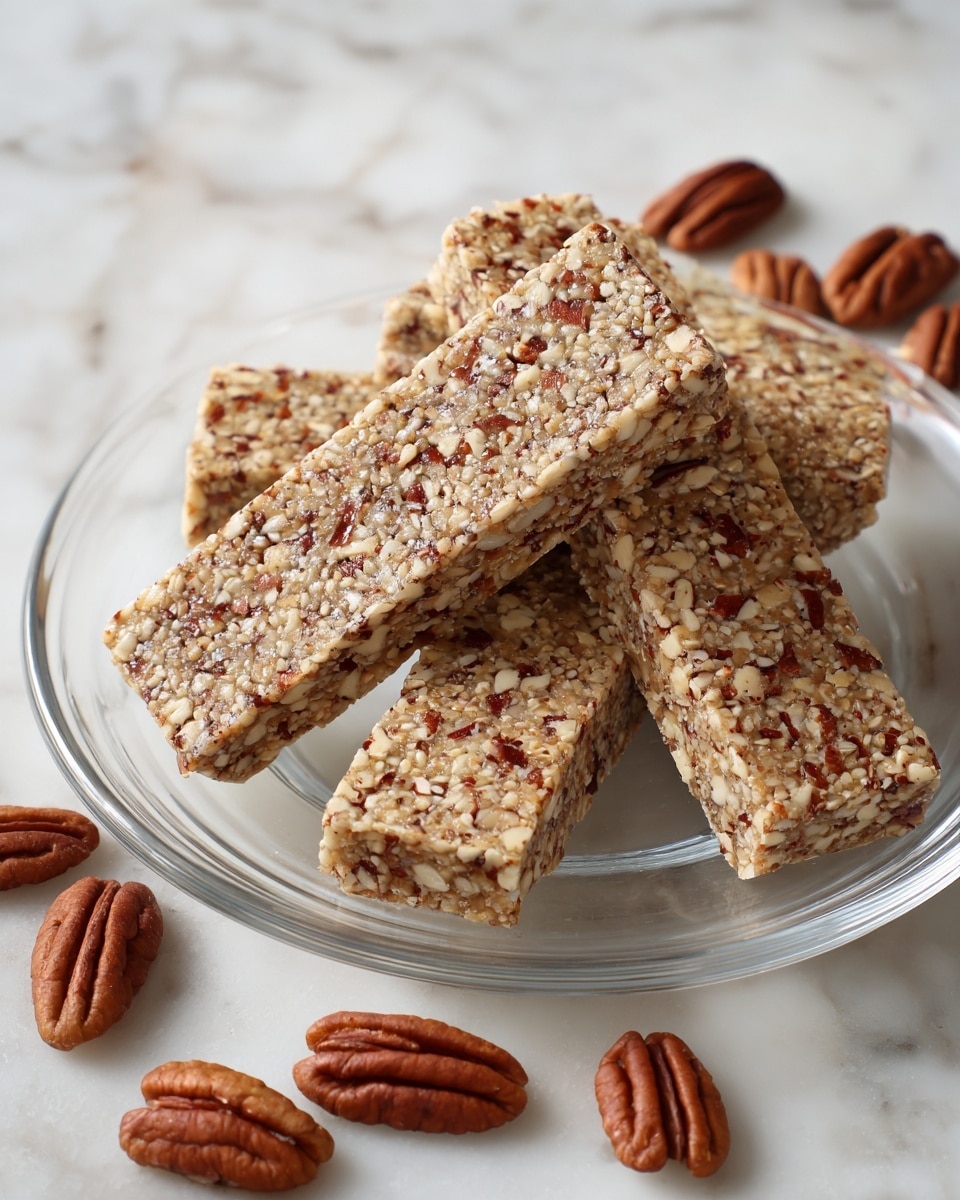 The image shows several rectangular nut bars arranged on a clear glass plate placed on a white marbled surface. The nut bars have a rough texture and are filled with chopped nuts that are light beige and brown. Around the plate, whole pecan nuts with a smooth, deep brown surface are spread randomly, adding contrast to the scene. The nut bars appear dense, with visible nut pieces embedded throughout. Photo taken with an iphone --ar 4:5 --v 7