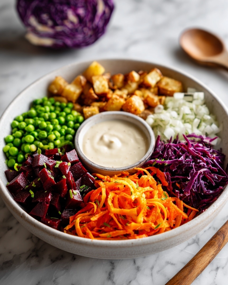 A white bowl sits on a white marbled surface, filled with six sections of colorful vegetables around a small round bowl of creamy white dressing in the center. The sections include bright green peas, finely chopped white onions, crispy golden fried potatoes, deep red shredded beetroot, bright orange shredded carrots, and vibrant shredded purple cabbage. A wooden spoon lies nearby on the white marbled surface. In the background, there is a blurred piece of purple cabbage. The image shows fresh, crisp textures with sharp colors. Photo taken with an iphone --ar 4:5 --v 7