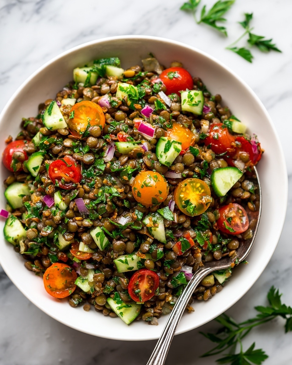 A white bowl filled with a colorful lentil salad that has a mix of textures and colors. The bottom layer is brown-green lentils, mixed with small bits of chopped red onion and green parsley scattered throughout. On top are chopped vegetables including green cucumber pieces, bright red and orange cherry tomato slices, and more finely chopped parsley, all blended together. A silver spoon is partially dipped into the salad at the bottom right of the bowl. The bowl is placed on a white marbled surface with some green herb leaves nearby. photo taken with an iphone --ar 4:5 --v 7