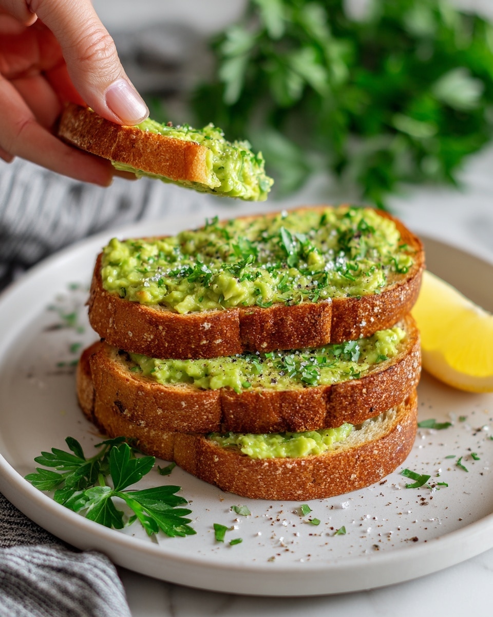 A close-up of three slices of toasted bread stacked on a white plate with a white marbled texture underneath; each slice is thick with a golden-brown crust and topped with a chunky green avocado spread, showing small bits of avocado. The avocado is sprinkled with coarse salt and cracked black pepper, and there are small green herb pieces mixed in. One slice is held above the plate by a woman's hand, showing the texture of the bread and spread clearly. There is a sprig of fresh parsley and a small slice of yellow lemon on the plate near the bread. The background features a blurred green leafy herb and a gray striped cloth. photo taken with an iphone --ar 4:5 --v 7