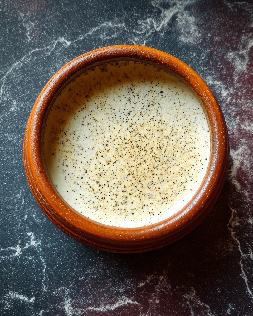 A single layer of a smooth, white creamy drink fills an orange clay cup with a rounded lip, placed on a dark textured surface, changed to a white marbled texture in the background. The cup has a shiny finish, and the creamy drink inside shows tiny black specks on its surface, indicating subtle flavoring. Photo taken with an iphone --ar 4:5 --v 7